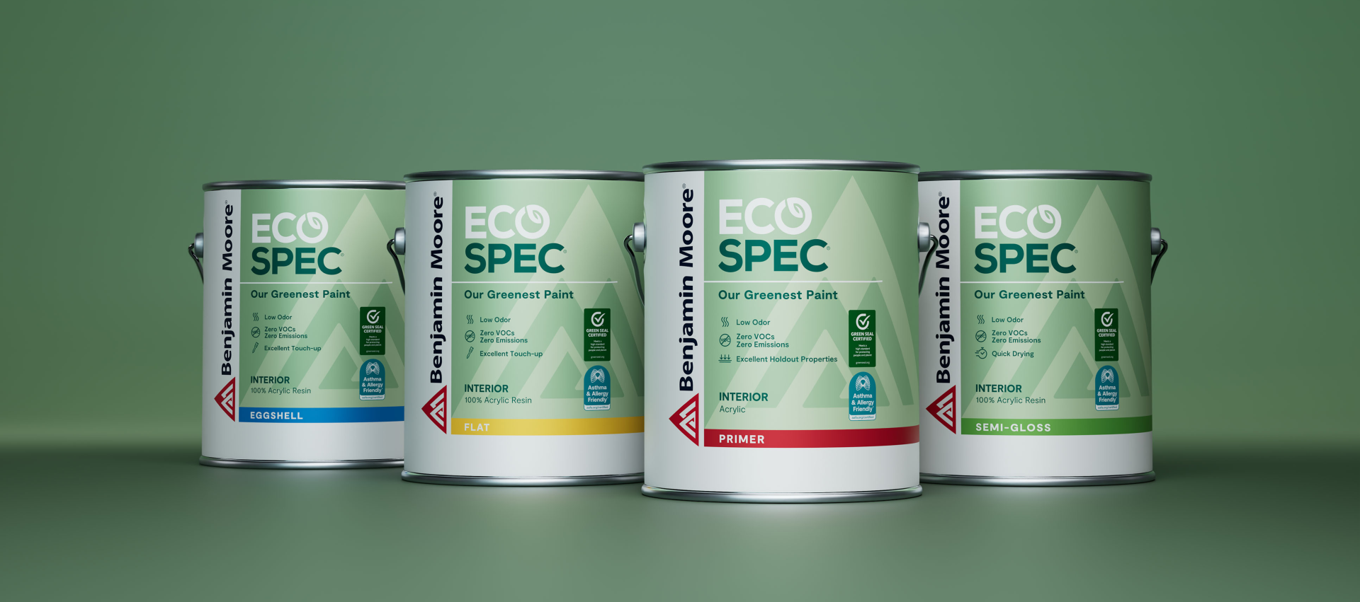 Benjamin Moore Eco Spec® interior paint cans in multiple finishes, Certified asthma & allergy friendly® for low VOC emissions. Showcase at Greenbuild 2025