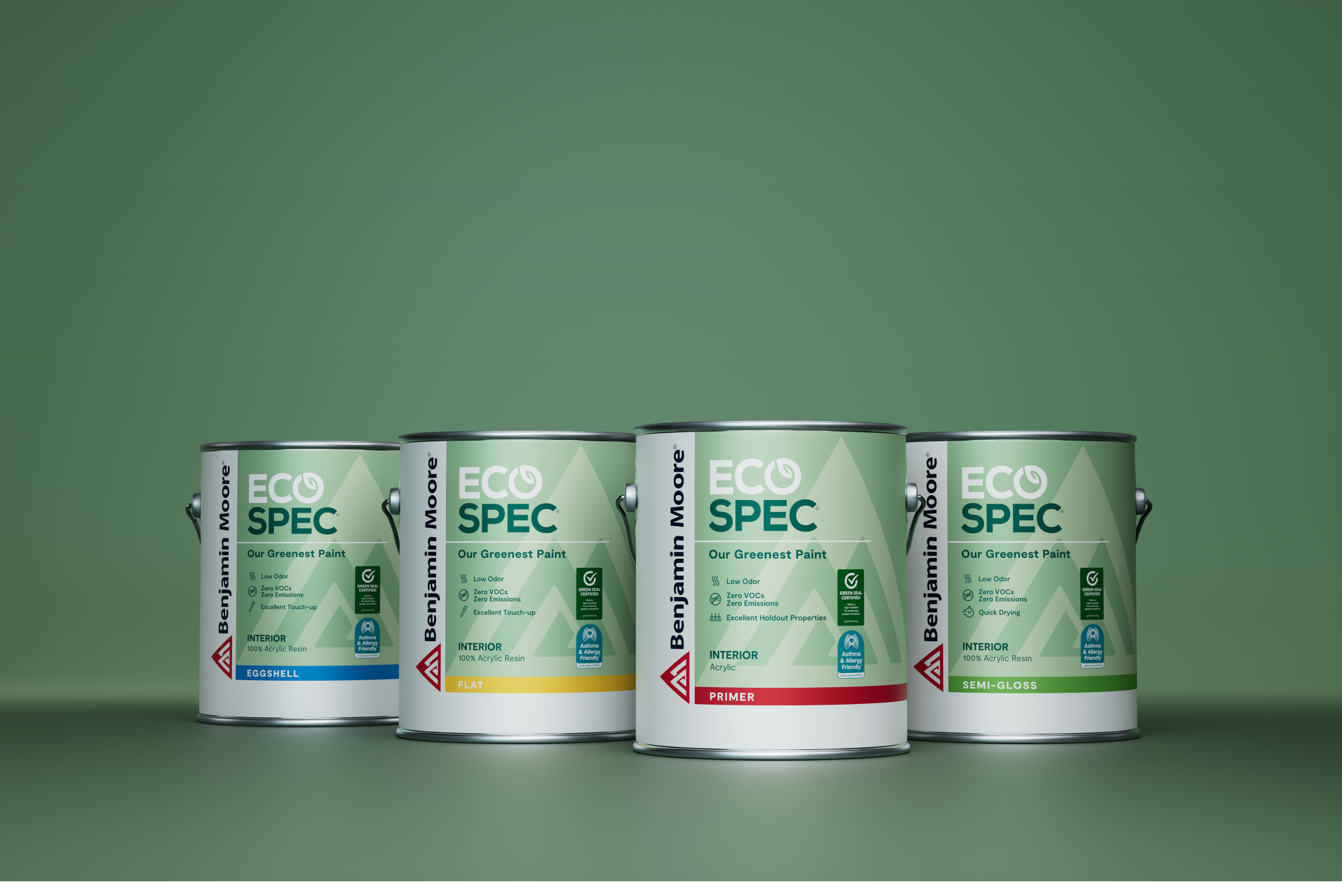 Benjamin Moore Eco Spec® interior paint cans in multiple finishes, Certified asthma & allergy friendly® for low VOC emissions.