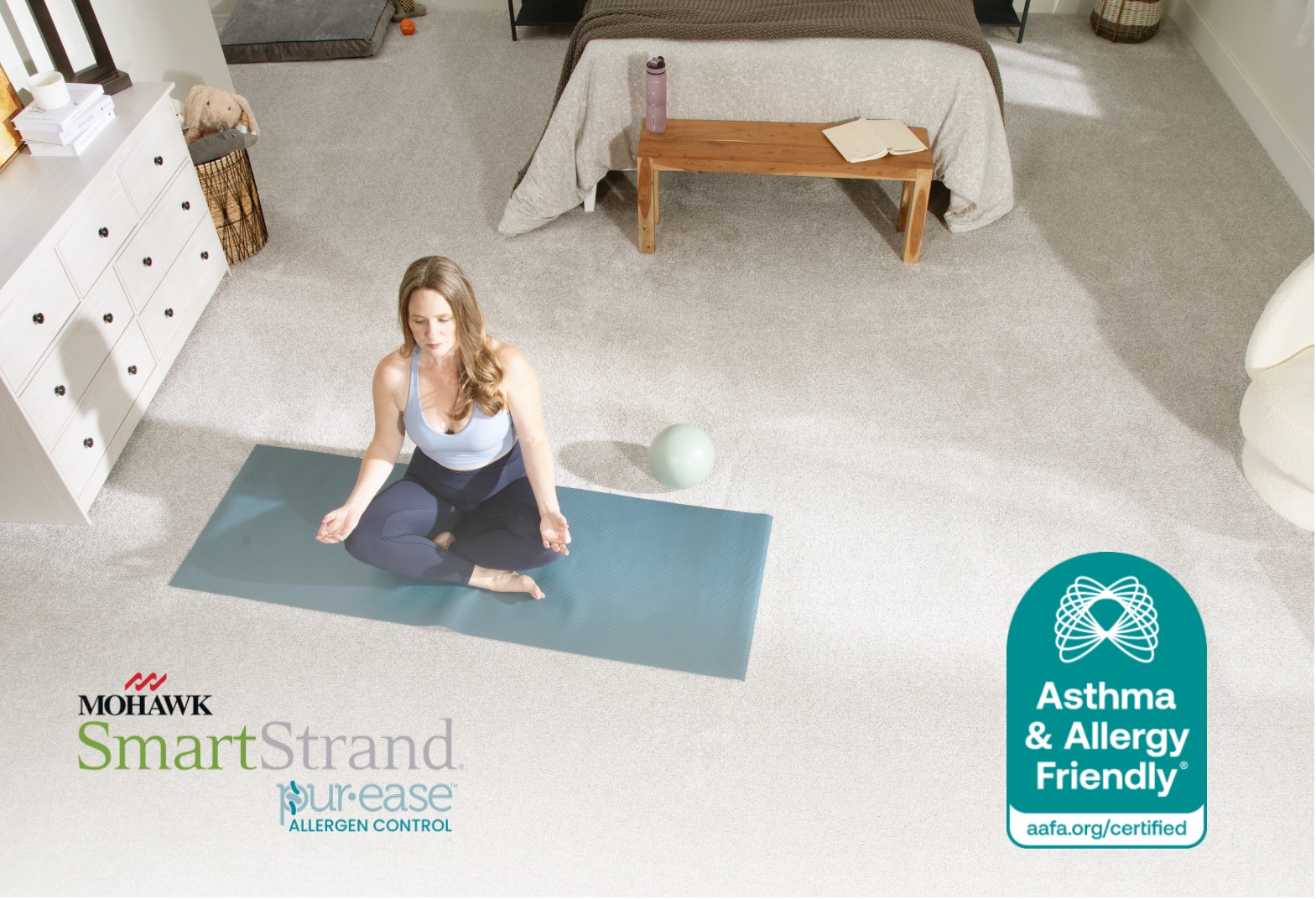 Woman practicing yoga on Mohawk SmartStrand carpet with Pur-Ease technology certified Asthma & Allergy Friendly