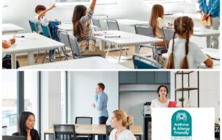 Students raising hands in a classroom above colleagues working in a modern office, with the Asthma & Allergy Friendly® Certification Mark and May is National Asthma and Allergy Awareness Month badge
