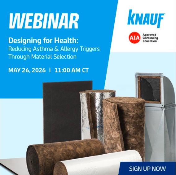 Promotional graphic for the Knauf Insulation webinar 'Designing for Health: Reducing Asthma & Allergy Triggers Through Material Selection', an AIA Approved Continuing Education session held on May 26, 2026.