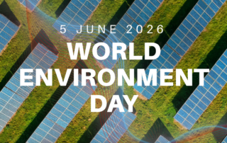 Aerial view of solar panels in green fields, branded with World Environment Day, 5 June 2026, and the #NowForClimate campaign.