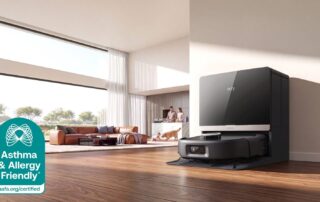 Anker eufy Robot Vacuum Omni E35 in its docking station in a bright living room, with the Asthma & Allergy Friendly Certification Mark