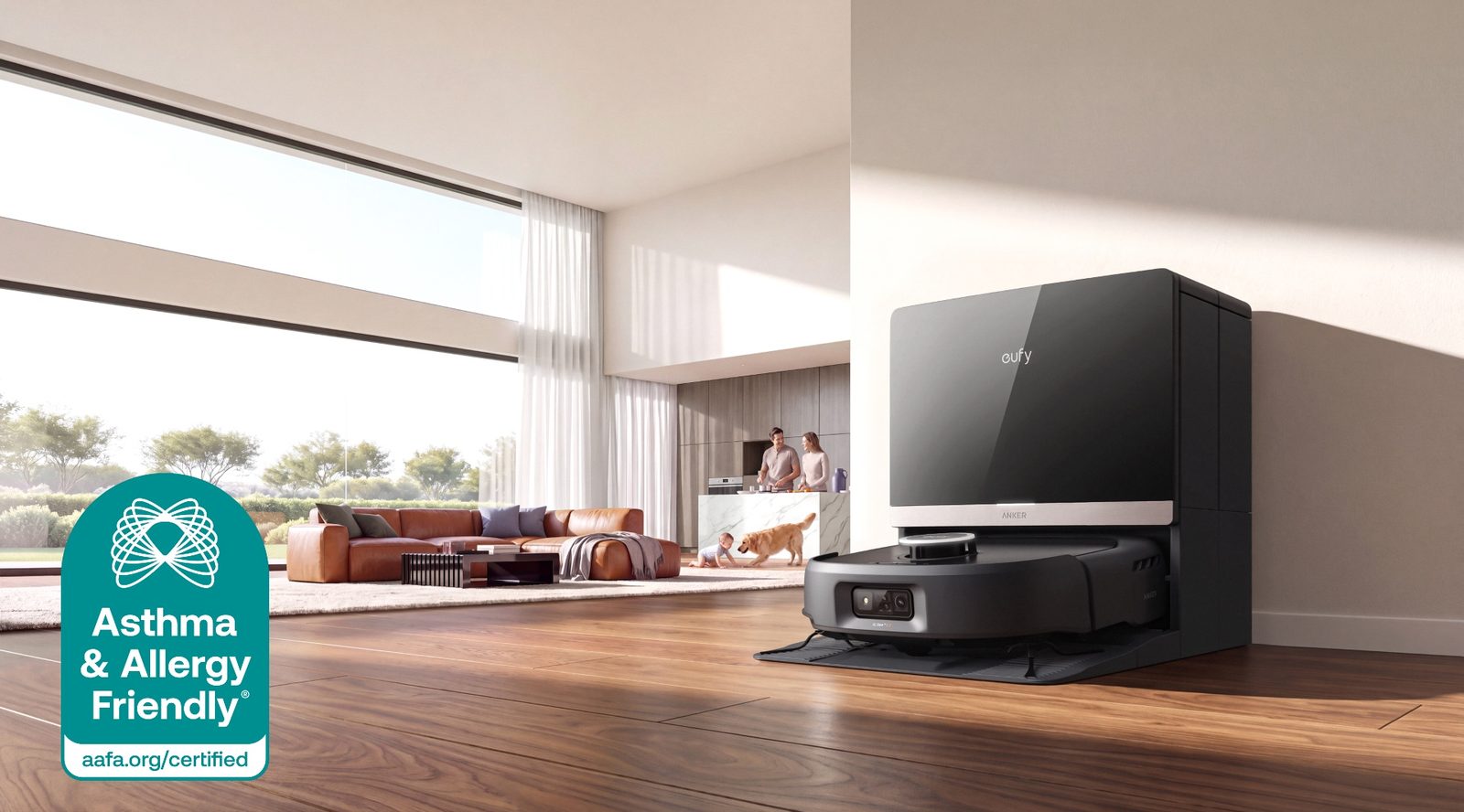 Anker eufy Robot Vacuum Omni E35 in its docking station in a bright living room, with the Asthma & Allergy Friendly Certification Mark