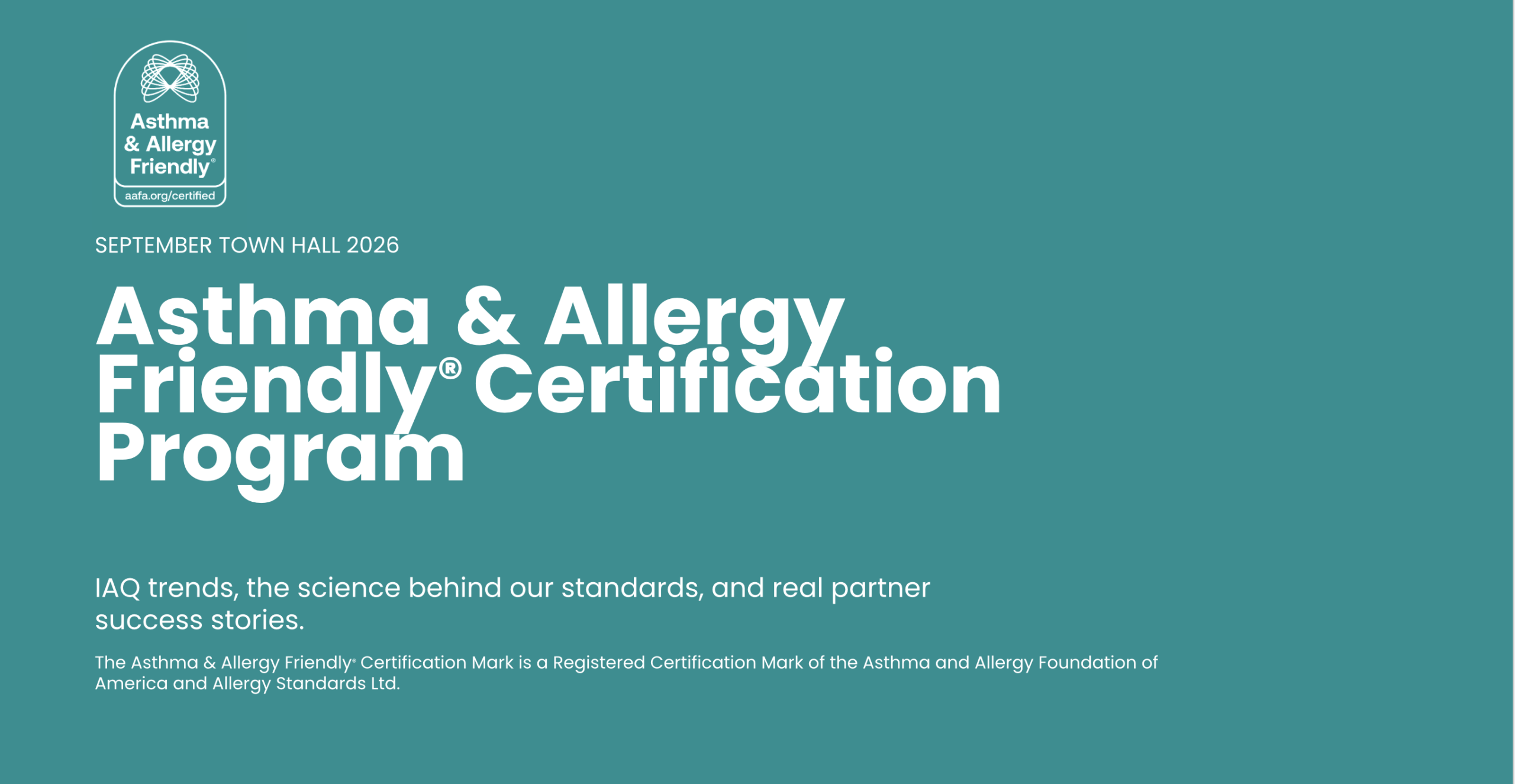 Asthma & Allergy Friendly® Certification Program September 2026 Client Town Hall title slide with the Certification Mark